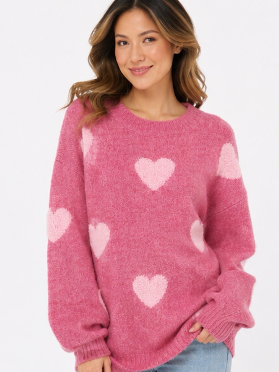 Cozy Pink Heart Crewneck Sweater